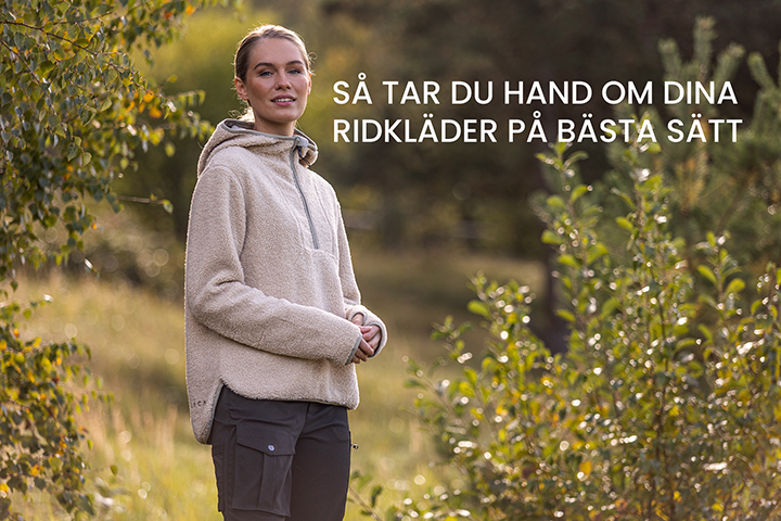 Kvinna med en mjuk tröja i naturen och en text som säger: så tar du hand om dina kläder på bästa sätt
